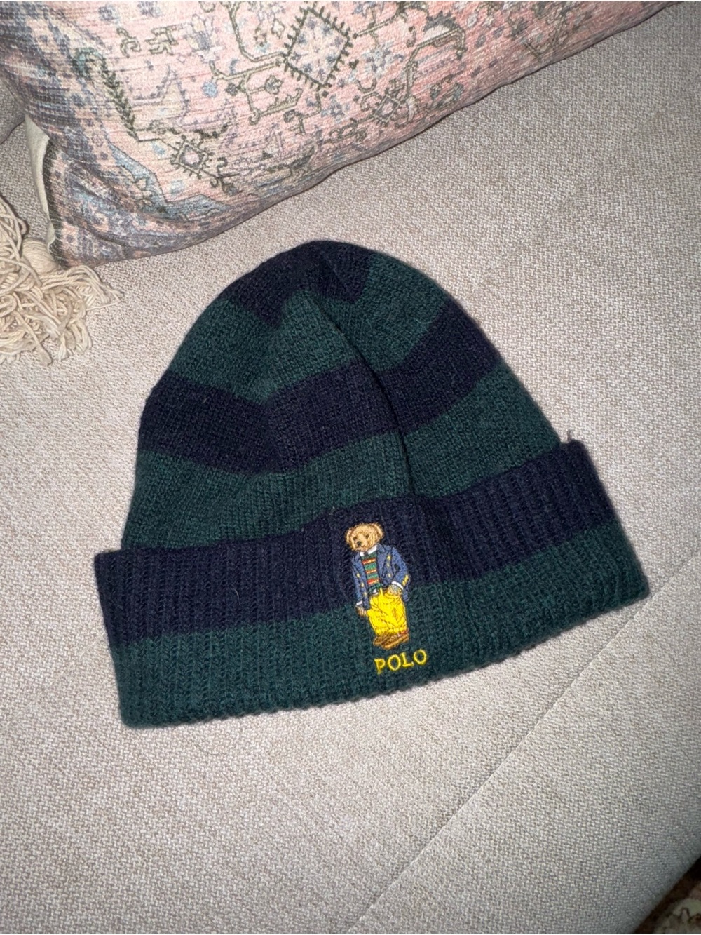 Polo Ralph Lauren Green & Navy Striped Rugby Polo Bear Beanie